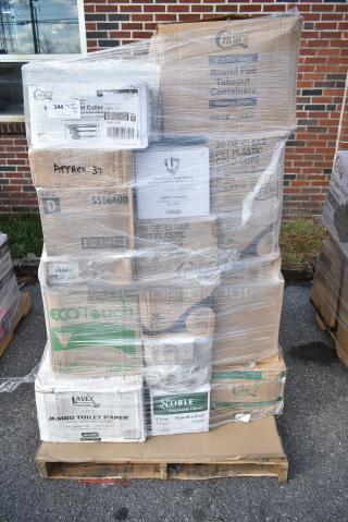 37 BRAND NEW! Boxes Including 612509ST Choice 9" Round Standard Weight Foil Take-Out Pan, 55164, Noble Gloves, 500CC20 Choice Clear PET Customizable Plastic Cold Cup - 20 oz. - 600/Case, 5014046M1C Lavex Li'l Herc 45 Gallon 1 Mil 40" x 46" Low Density Medium-Duty Clear Can Liner / Trash Bag - 100/Case. 37 Times Your Bid!