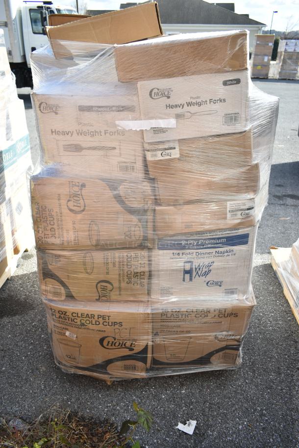 37 BRAND NEW! Boxes Including 612509ST Choice 9" Round Standard Weight Foil Take-Out Pan, 55164, Noble Gloves, 500CC20 Choice Clear PET Customizable Plastic Cold Cup - 20 oz. - 600/Case, 5014046M1C Lavex Li'l Herc 45 Gallon 1 Mil 40" x 46" Low Density Medium-Duty Clear Can Liner / Trash Bag - 100/Case. 37 Times Your Bid! - Image 4 of 11