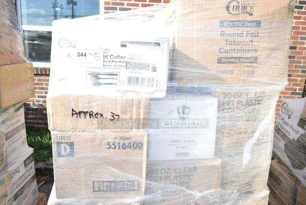 37 BRAND NEW! Boxes Including 612509ST Choice 9" Round Standard Weight Foil Take-Out Pan, 55164, Noble Gloves, 500CC20 Choice Clear PET Customizable Plastic Cold Cup - 20 oz. - 600/Case, 5014046M1C Lavex Li'l Herc 45 Gallon 1 Mil 40" x 46" Low Density Medium-Duty Clear Can Liner / Trash Bag - 100/Case. 37 Times Your Bid! - Image 5 of 11