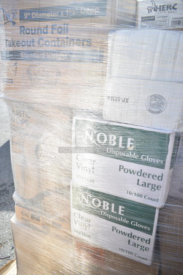 37 BRAND NEW! Boxes Including 612509ST Choice 9" Round Standard Weight Foil Take-Out Pan, 55164, Noble Gloves, 500CC20 Choice Clear PET Customizable Plastic Cold Cup - 20 oz. - 600/Case, 5014046M1C Lavex Li'l Herc 45 Gallon 1 Mil 40" x 46" Low Density Medium-Duty Clear Can Liner / Trash Bag - 100/Case. 37 Times Your Bid! - Image 8 of 11