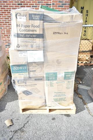 26 BRAND NEW! Boxes Including Choice Take out Container, 500TO883C3 Choice 8" x 8" x 3" Microwaveable 3-Compartment Black / Clear Plastic Hinged Container - 100/Case, Dart Cups, 999KFT44RNPE Choice 44 oz. Round Kraft PE-Lined Microwavable Take-Out Container 7 5/16" x 2 5/8" - 50/Pack, 395RP10 EcoChoice Compostable No PFAS Added Bamboo / Bagasse 10" Plate - 500/Case. 26 Times Your Bid!