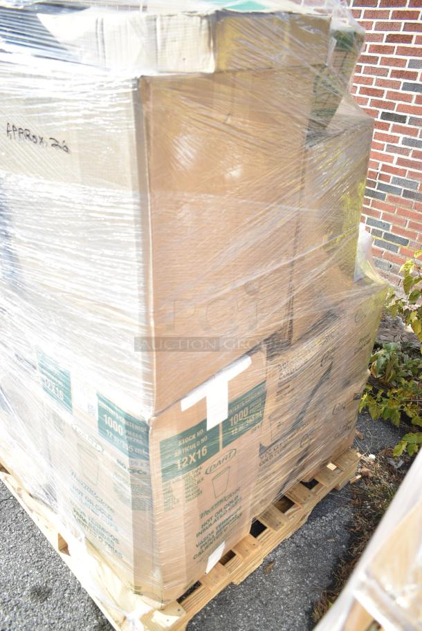 26 BRAND NEW! Boxes Including Choice Take out Container, 500TO883C3 Choice 8" x 8" x 3" Microwaveable 3-Compartment Black / Clear Plastic Hinged Container - 100/Case, Dart Cups, 999KFT44RNPE Choice 44 oz. Round Kraft PE-Lined Microwavable Take-Out Container 7 5/16" x 2 5/8" - 50/Pack, 395RP10 EcoChoice Compostable No PFAS Added Bamboo / Bagasse 10" Plate - 500/Case. 26 Times Your Bid! - Image 3 of 11