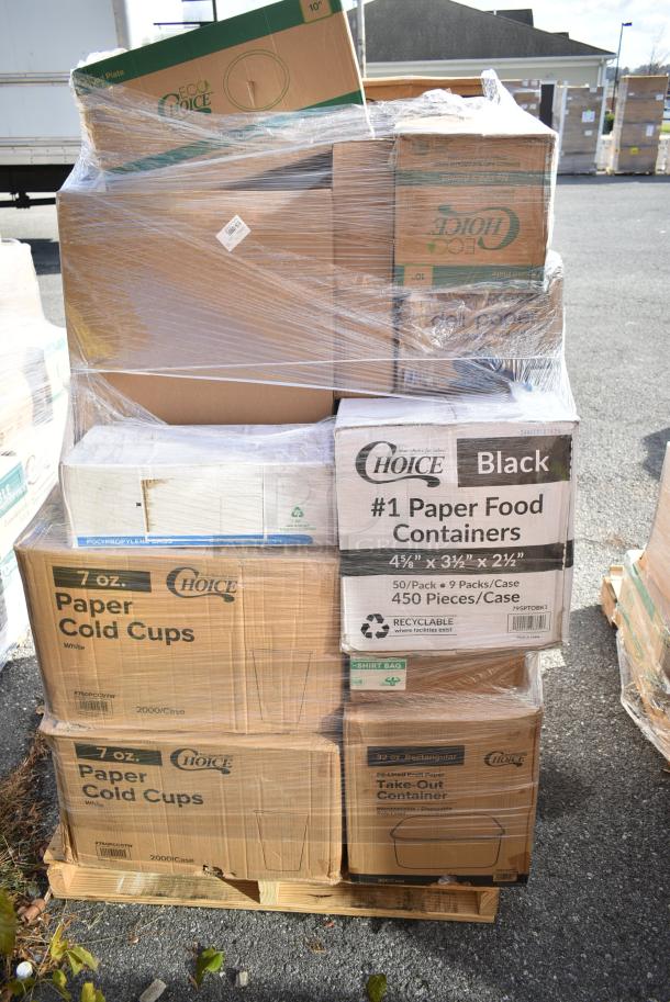 26 BRAND NEW! Boxes Including Choice Take out Container, 500TO883C3 Choice 8" x 8" x 3" Microwaveable 3-Compartment Black / Clear Plastic Hinged Container - 100/Case, Dart Cups, 999KFT44RNPE Choice 44 oz. Round Kraft PE-Lined Microwavable Take-Out Container 7 5/16" x 2 5/8" - 50/Pack, 395RP10 EcoChoice Compostable No PFAS Added Bamboo / Bagasse 10" Plate - 500/Case. 26 Times Your Bid! - Image 4 of 11