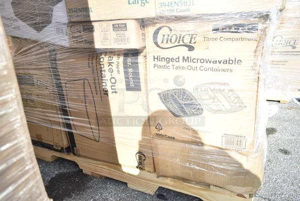 26 BRAND NEW! Boxes Including Choice Take out Container, 500TO883C3 Choice 8" x 8" x 3" Microwaveable 3-Compartment Black / Clear Plastic Hinged Container - 100/Case, Dart Cups, 999KFT44RNPE Choice 44 oz. Round Kraft PE-Lined Microwavable Take-Out Container 7 5/16" x 2 5/8" - 50/Pack, 395RP10 EcoChoice Compostable No PFAS Added Bamboo / Bagasse 10" Plate - 500/Case. 26 Times Your Bid! - Image 7 of 11