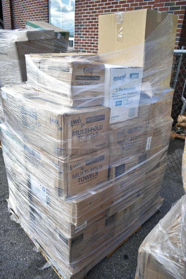 26 BRAND NEW! Boxes Including Choice 16 oz Deli Containers, Lavex Multi Fold Towels, 85MFPPHT1R Dart ProPlanet Hinged Lid Containers Single Compartment 8.3 X 8 X 3, Choice 16 oz Cold Cups, Noble Gloves, 245663WBBL Baker's Lane 6" x 6" x 3" White Auto-Popup Window Pie / Bakery Box - 200/Bundle. 26 Times Your Bid! - Image 3 of 15