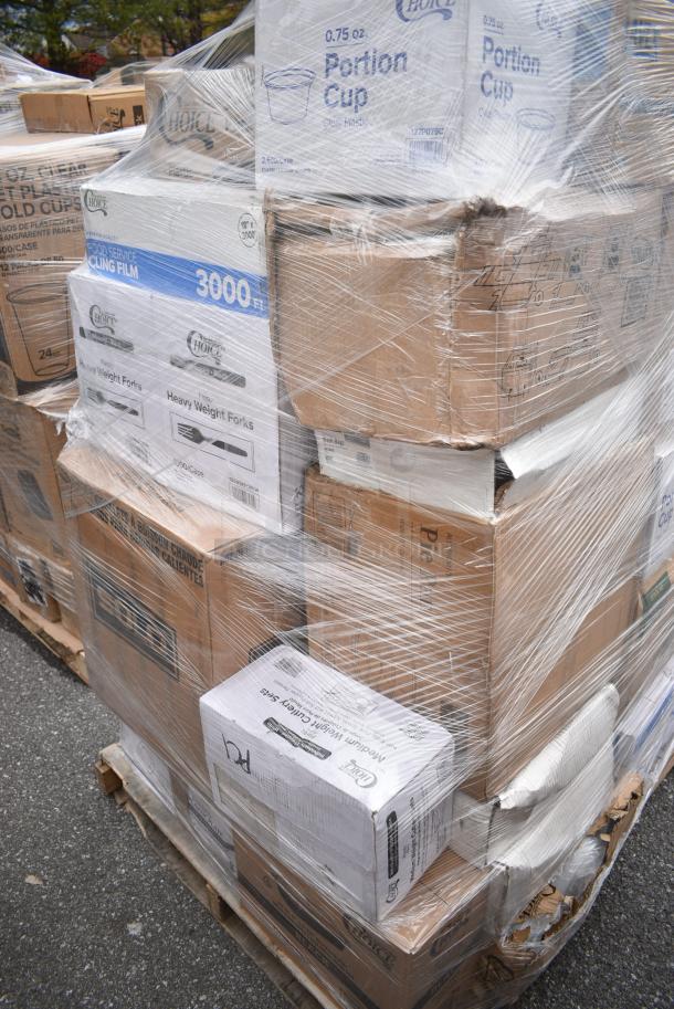 32 BRAND NEW! Boxes Including 2 Box 130WBKFORKH Choice Black Heavy Weight Wrapped Plastic Fork - 1000/Case, 129MCS24B Choice 24 oz. Black Rectangular Microwavable Heavy Weight Container with Lid 8" x 5 1/4" x 2" - 150/Case, 3 Box Choice 1 oz Portion Cups. 32 Times Your Bid! - Image 4 of 14