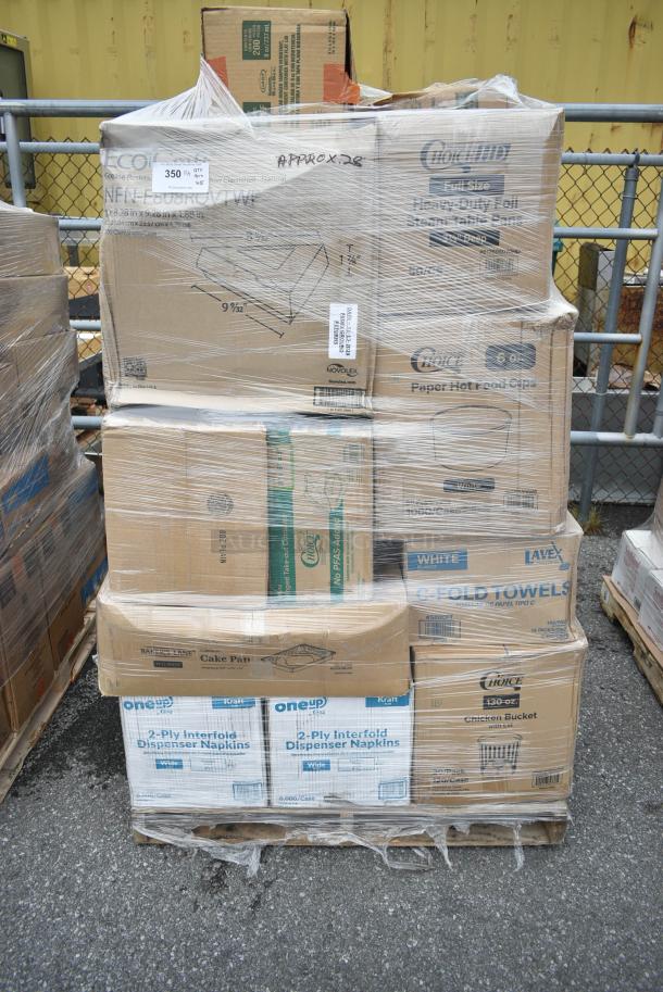 28 BRAND NEW! Boxes Including 3 Box 130WKNIFE Choice 6 1/2" Medium Weight White Polypropylene Plastic Knife - 1000/Case, 2 Box 129MCR32B Choice 32 oz. Black Round Microwavable Heavy Weight Container with Lid 7 1/4" - 150/Case, 433NHT206 Choice 1/6 Standard Size Black Unprinted Standard-Duty Plastic T-Shirt Bag - 1000/Case, 3 Box 105GC49321 Choice 1 Part Tan and White Guest Check with Beverage Lines and Bottom Guest Receipt - 2000/Case, 612PANBL100 FOIL CAKE PAN QTY 25, 760CB130CHKN Choice 130 oz. Chicken Bucket with Lid - 120/Case, 612605070HD Choice Full Size Heavy-Duty Foil Steam Table Pan Deep 3 3/8" Depth - 50/Case. 28 Times Your Bid! - Image 1 of 19