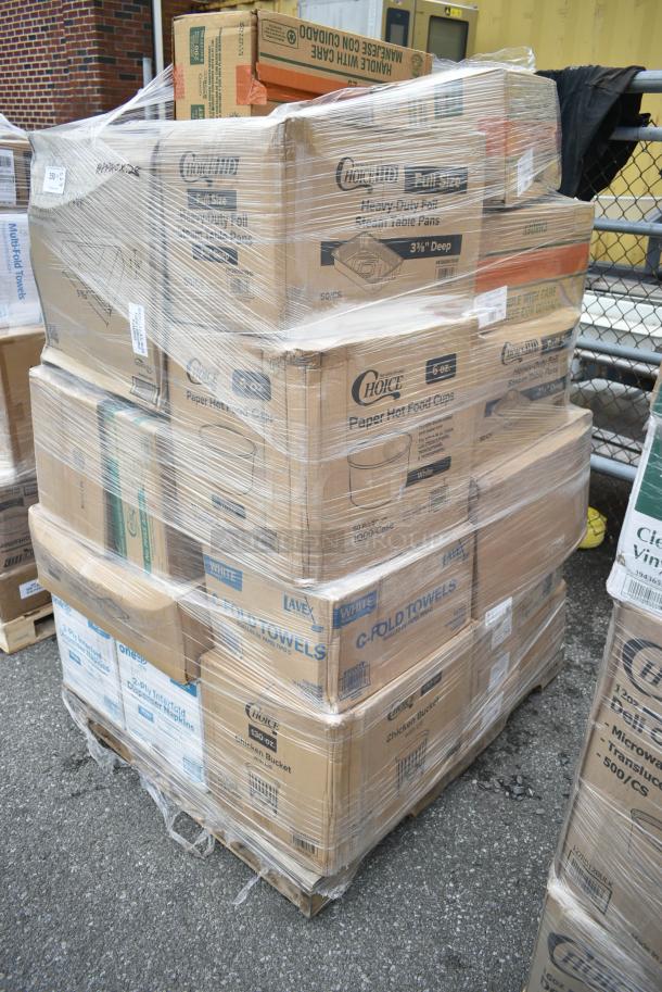 28 BRAND NEW! Boxes Including 3 Box 130WKNIFE Choice 6 1/2" Medium Weight White Polypropylene Plastic Knife - 1000/Case, 2 Box 129MCR32B Choice 32 oz. Black Round Microwavable Heavy Weight Container with Lid 7 1/4" - 150/Case, 433NHT206 Choice 1/6 Standard Size Black Unprinted Standard-Duty Plastic T-Shirt Bag - 1000/Case, 3 Box 105GC49321 Choice 1 Part Tan and White Guest Check with Beverage Lines and Bottom Guest Receipt - 2000/Case, 612PANBL100 FOIL CAKE PAN QTY 25, 760CB130CHKN Choice 130 oz. Chicken Bucket with Lid - 120/Case, 612605070HD Choice Full Size Heavy-Duty Foil Steam Table Pan Deep 3 3/8" Depth - 50/Case. 28 Times Your Bid! - Image 3 of 19