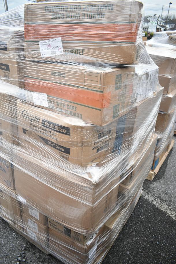 28 BRAND NEW! Boxes Including 3 Box 130WKNIFE Choice 6 1/2" Medium Weight White Polypropylene Plastic Knife - 1000/Case, 2 Box 129MCR32B Choice 32 oz. Black Round Microwavable Heavy Weight Container with Lid 7 1/4" - 150/Case, 433NHT206 Choice 1/6 Standard Size Black Unprinted Standard-Duty Plastic T-Shirt Bag - 1000/Case, 3 Box 105GC49321 Choice 1 Part Tan and White Guest Check with Beverage Lines and Bottom Guest Receipt - 2000/Case, 612PANBL100 FOIL CAKE PAN QTY 25, 760CB130CHKN Choice 130 oz. Chicken Bucket with Lid - 120/Case, 612605070HD Choice Full Size Heavy-Duty Foil Steam Table Pan Deep 3 3/8" Depth - 50/Case. 28 Times Your Bid! - Image 4 of 19