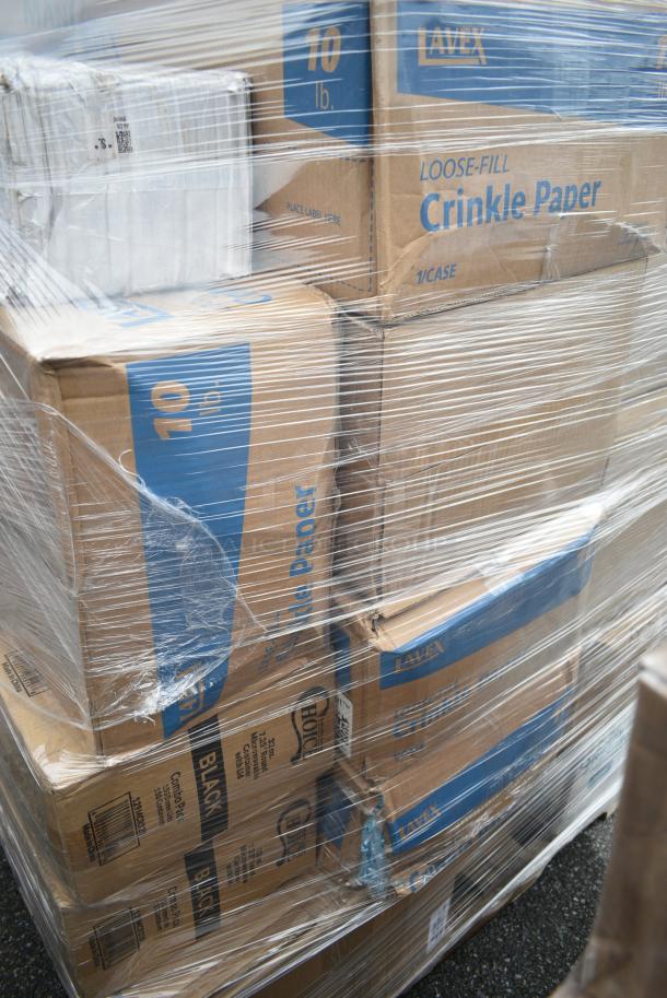28 BRAND NEW! Boxes Including 3 Box 130WKNIFE Choice 6 1/2" Medium Weight White Polypropylene Plastic Knife - 1000/Case, 2 Box 129MCR32B Choice 32 oz. Black Round Microwavable Heavy Weight Container with Lid 7 1/4" - 150/Case, 433NHT206 Choice 1/6 Standard Size Black Unprinted Standard-Duty Plastic T-Shirt Bag - 1000/Case, 3 Box 105GC49321 Choice 1 Part Tan and White Guest Check with Beverage Lines and Bottom Guest Receipt - 2000/Case, 612PANBL100 FOIL CAKE PAN QTY 25, 760CB130CHKN Choice 130 oz. Chicken Bucket with Lid - 120/Case, 612605070HD Choice Full Size Heavy-Duty Foil Steam Table Pan Deep 3 3/8" Depth - 50/Case. 28 Times Your Bid! - Image 8 of 19