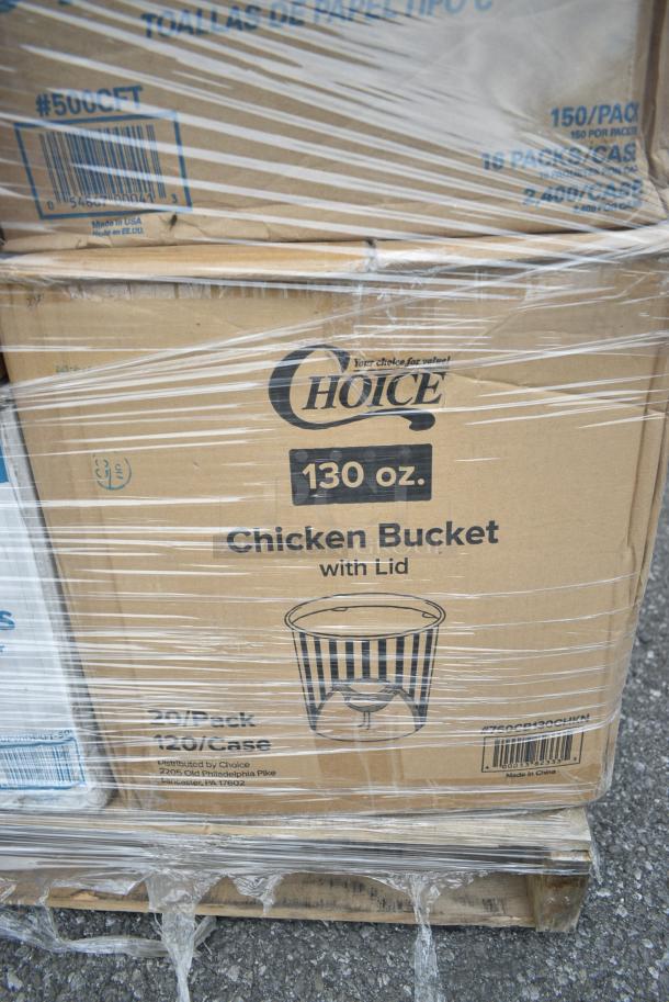 28 BRAND NEW! Boxes Including 3 Box 130WKNIFE Choice 6 1/2" Medium Weight White Polypropylene Plastic Knife - 1000/Case, 2 Box 129MCR32B Choice 32 oz. Black Round Microwavable Heavy Weight Container with Lid 7 1/4" - 150/Case, 433NHT206 Choice 1/6 Standard Size Black Unprinted Standard-Duty Plastic T-Shirt Bag - 1000/Case, 3 Box 105GC49321 Choice 1 Part Tan and White Guest Check with Beverage Lines and Bottom Guest Receipt - 2000/Case, 612PANBL100 FOIL CAKE PAN QTY 25, 760CB130CHKN Choice 130 oz. Chicken Bucket with Lid - 120/Case, 612605070HD Choice Full Size Heavy-Duty Foil Steam Table Pan Deep 3 3/8" Depth - 50/Case. 28 Times Your Bid! - Image 16 of 19
