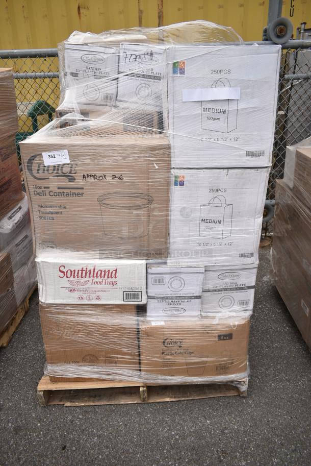 26 BRAND NEW! Boxes Including Pie Pans, Choice Portion Cups, 2 Box Medium Paper Bags, Choice 16 oz Deli Containers, 2 Box 347RPBD00WHS 10" Plastic Plates, 500TW5 Choice 5 oz. Translucent Thin Wall Plastic Cold Cup - 2500/Case. 26 Times Your Bid! - Image 1 of 15