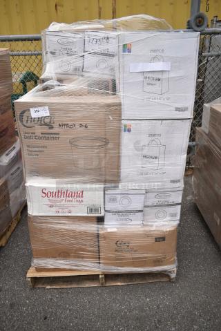 26 BRAND NEW! Boxes Including Pie Pans, Choice Portion Cups, 2 Box Medium Paper Bags, Choice 16 oz Deli Containers, 2 Box 347RPBD00WHS 10" Plastic Plates, 500TW5 Choice 5 oz. Translucent Thin Wall Plastic Cold Cup - 2500/Case. 26 Times Your Bid!