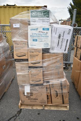 34 BRAND NEW! Boxes Including 3 Box Lavex C Fold Towels, 129MCR50B Choice 43 oz. Black Round Microwavable Heavy Weight Container with Lid 9" - 150/Case, 2 Box 394365L Noble Products Powder-Free Disposable Clear Vinyl Gloves for Foodservice - Large - 1000/Case, 129MCS38B Choice 38 oz. Black Rectangular Microwavable Heavy Weight Container with Lid 8 3/4" x 6 1/4" x 2" - 150/Case, 2 Box 8" Square Palm Leaf Plates, Choice Heavy Weight Forks. 34 Times Your Bid!