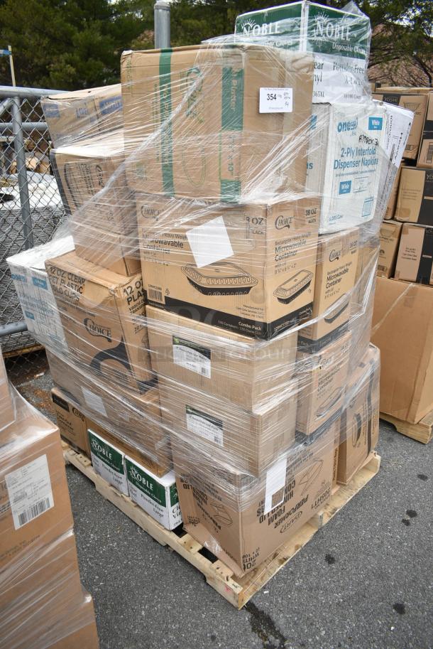 34 BRAND NEW! Boxes Including 3 Box Lavex C Fold Towels, 129MCR50B Choice 43 oz. Black Round Microwavable Heavy Weight Container with Lid 9" - 150/Case, 2 Box 394365L Noble Products Powder-Free Disposable Clear Vinyl Gloves for Foodservice - Large - 1000/Case, 129MCS38B Choice 38 oz. Black Rectangular Microwavable Heavy Weight Container with Lid 8 3/4" x 6 1/4" x 2" - 150/Case, 2 Box 8" Square Palm Leaf Plates, Choice Heavy Weight Forks. 34 Times Your Bid! - Image 2 of 14