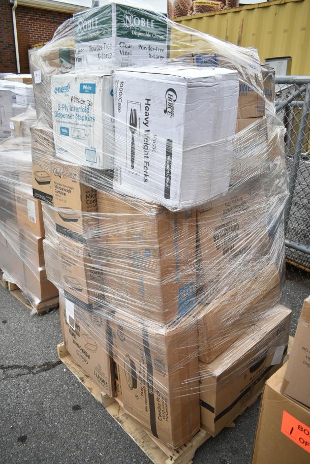 34 BRAND NEW! Boxes Including 3 Box Lavex C Fold Towels, 129MCR50B Choice 43 oz. Black Round Microwavable Heavy Weight Container with Lid 9" - 150/Case, 2 Box 394365L Noble Products Powder-Free Disposable Clear Vinyl Gloves for Foodservice - Large - 1000/Case, 129MCS38B Choice 38 oz. Black Rectangular Microwavable Heavy Weight Container with Lid 8 3/4" x 6 1/4" x 2" - 150/Case, 2 Box 8" Square Palm Leaf Plates, Choice Heavy Weight Forks. 34 Times Your Bid! - Image 3 of 14