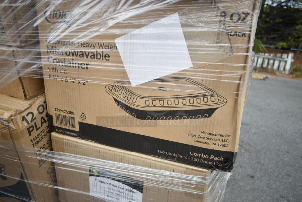 34 BRAND NEW! Boxes Including 3 Box Lavex C Fold Towels, 129MCR50B Choice 43 oz. Black Round Microwavable Heavy Weight Container with Lid 9" - 150/Case, 2 Box 394365L Noble Products Powder-Free Disposable Clear Vinyl Gloves for Foodservice - Large - 1000/Case, 129MCS38B Choice 38 oz. Black Rectangular Microwavable Heavy Weight Container with Lid 8 3/4" x 6 1/4" x 2" - 150/Case, 2 Box 8" Square Palm Leaf Plates, Choice Heavy Weight Forks. 34 Times Your Bid! - Image 11 of 14
