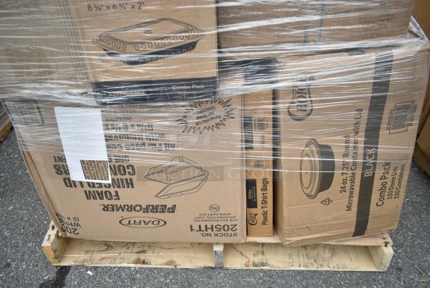 34 BRAND NEW! Boxes Including 3 Box Lavex C Fold Towels, 129MCR50B Choice 43 oz. Black Round Microwavable Heavy Weight Container with Lid 9" - 150/Case, 2 Box 394365L Noble Products Powder-Free Disposable Clear Vinyl Gloves for Foodservice - Large - 1000/Case, 129MCS38B Choice 38 oz. Black Rectangular Microwavable Heavy Weight Container with Lid 8 3/4" x 6 1/4" x 2" - 150/Case, 2 Box 8" Square Palm Leaf Plates, Choice Heavy Weight Forks. 34 Times Your Bid! - Image 13 of 14