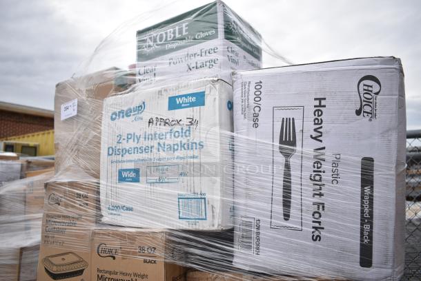 34 BRAND NEW! Boxes Including 3 Box Lavex C Fold Towels, 129MCR50B Choice 43 oz. Black Round Microwavable Heavy Weight Container with Lid 9" - 150/Case, 2 Box 394365L Noble Products Powder-Free Disposable Clear Vinyl Gloves for Foodservice - Large - 1000/Case, 129MCS38B Choice 38 oz. Black Rectangular Microwavable Heavy Weight Container with Lid 8 3/4" x 6 1/4" x 2" - 150/Case, 2 Box 8" Square Palm Leaf Plates, Choice Heavy Weight Forks. 34 Times Your Bid! - Image 14 of 14