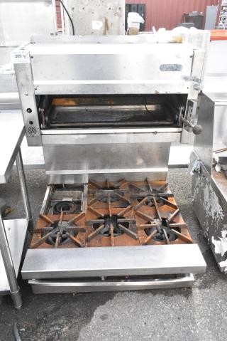 Jade Range Stainless Steel Commercial Gas Powered 6 Burner Range w/ Salamander Cheese Melter. Missing 1 Spider Grate