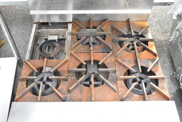 Jade Range Stainless Steel Commercial Gas Powered 6 Burner Range w/ Salamander Cheese Melter. Missing 1 Spider Grate - Image 4 of 5