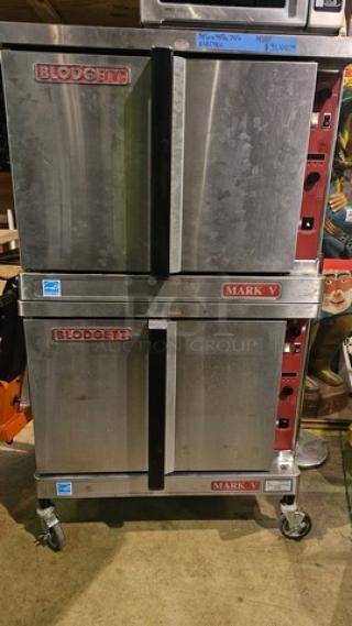Blodgett Electric Double Deck Full Size Convection Ovens. 208V, 3 PH. 5 racks in each oven. Bottom oven has casters. (2xBID)