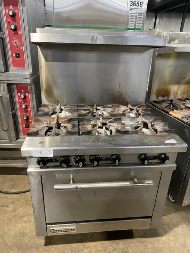 Connerton Commercial Stainless Steel Natural Gas Powered 6 Burner Range! With Full Sized Oven Underneath! With Back Splash & Overhead Salamander Shelf! With Oven Rack! On Casters! Model: CN36-6 SN: 700382F22! - Image 1 of 9