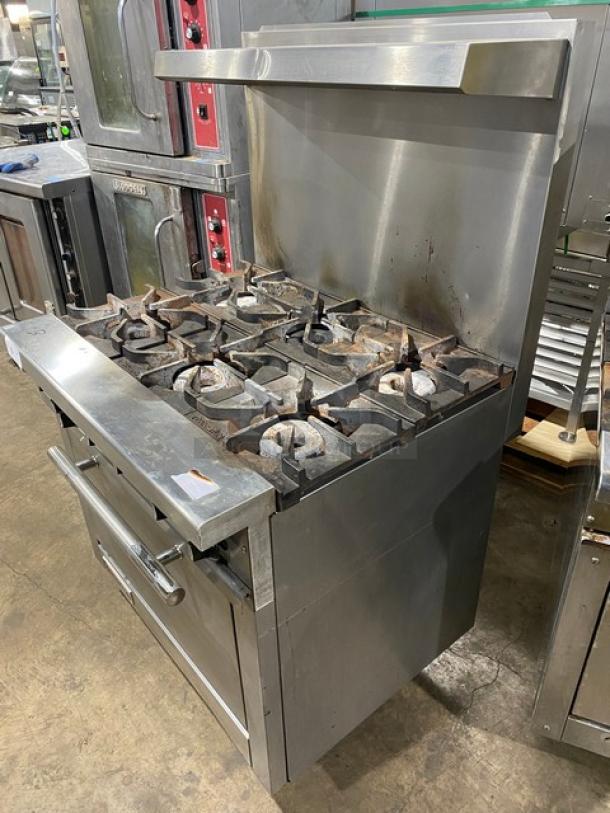 Connerton Commercial Stainless Steel Natural Gas Powered 6 Burner Range! With Full Sized Oven Underneath! With Back Splash & Overhead Salamander Shelf! With Oven Rack! On Casters! Model: CN36-6 SN: 700382F22! - Image 2 of 9