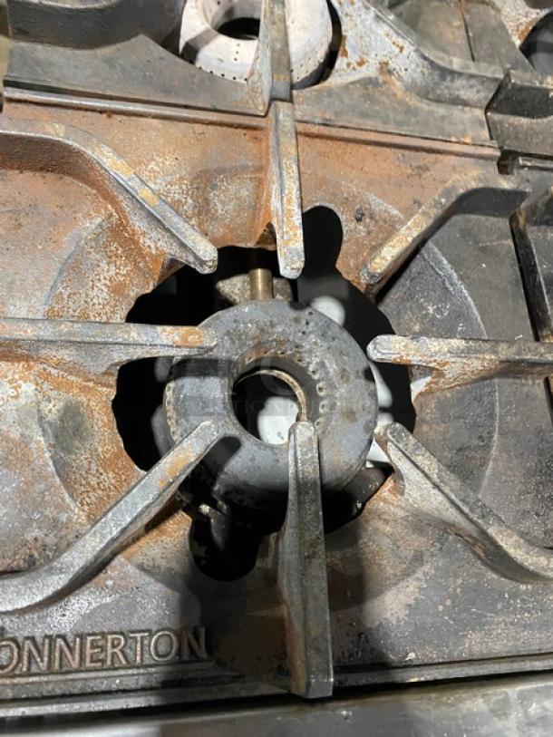 Connerton Commercial Stainless Steel Natural Gas Powered 6 Burner Range! With Full Sized Oven Underneath! With Back Splash & Overhead Salamander Shelf! With Oven Rack! On Casters! Model: CN36-6 SN: 700382F22! - Image 6 of 9