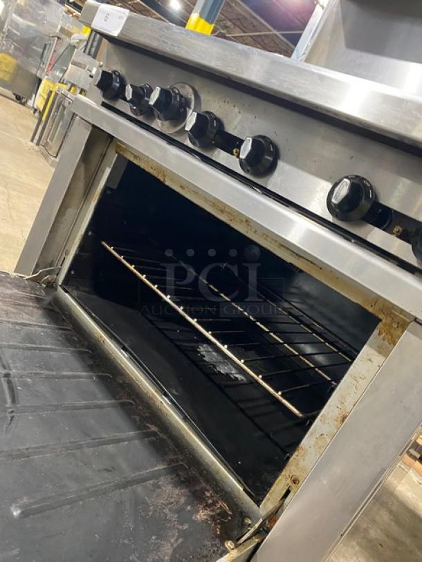Connerton Commercial Stainless Steel Natural Gas Powered 6 Burner Range! With Full Sized Oven Underneath! With Back Splash & Overhead Salamander Shelf! With Oven Rack! On Casters! Model: CN36-6 SN: 700382F22! - Image 7 of 9