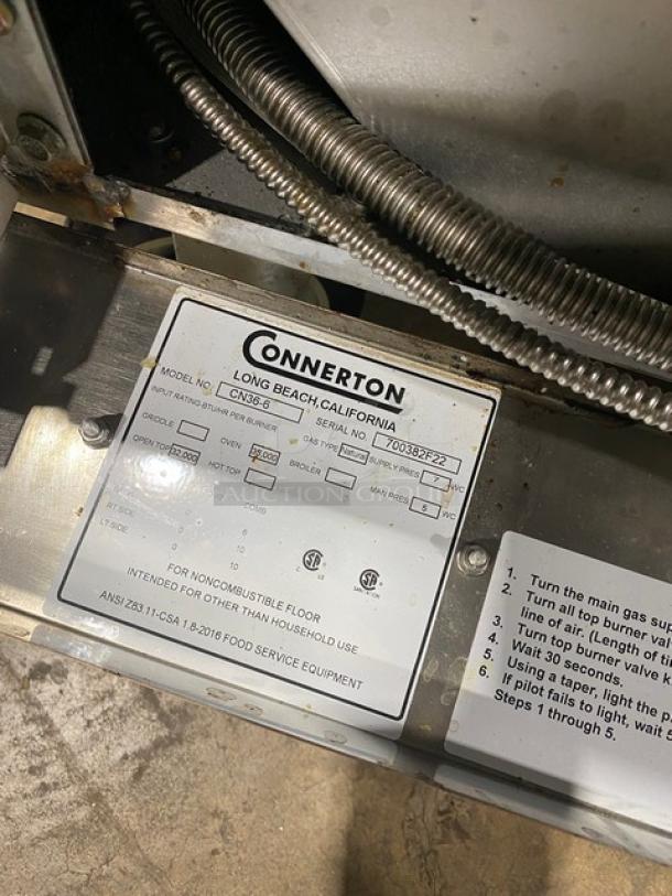 Connerton Commercial Stainless Steel Natural Gas Powered 6 Burner Range! With Full Sized Oven Underneath! With Back Splash & Overhead Salamander Shelf! With Oven Rack! On Casters! Model: CN36-6 SN: 700382F22! - Image 8 of 9