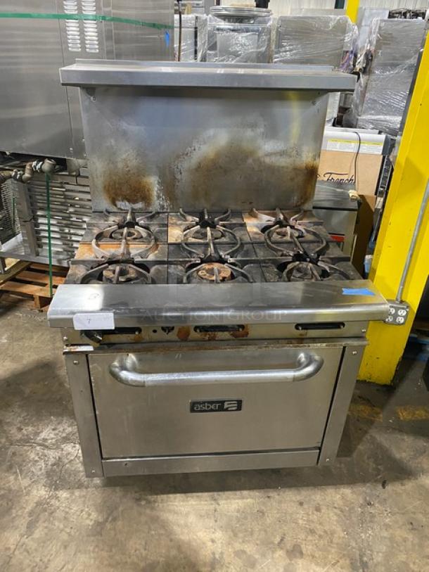 Asber Commercial Stainless Steel Natural Gas Powered 6 Burner Range! With Full Sized Oven Underneath! With Back Splash & Overhead Salamander Shelf! With Oven Rack! On Casters! - Image 1 of 9