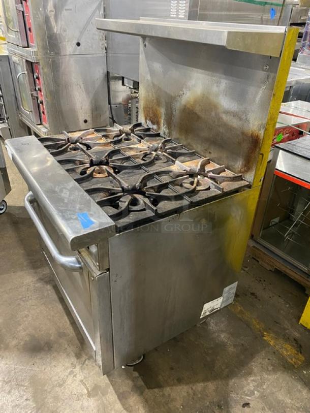 Asber Commercial Stainless Steel Natural Gas Powered 6 Burner Range! With Full Sized Oven Underneath! With Back Splash & Overhead Salamander Shelf! With Oven Rack! On Casters! - Image 2 of 9