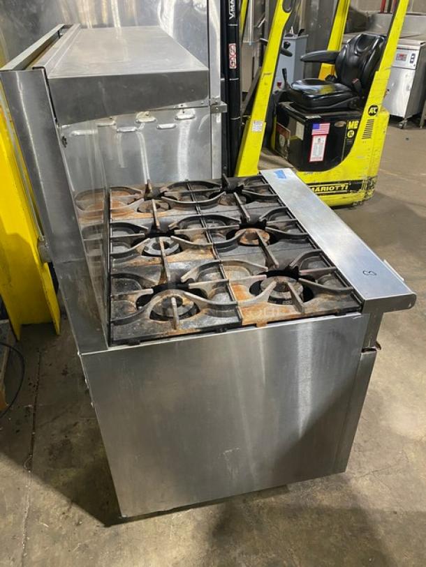 Asber Commercial Stainless Steel Natural Gas Powered 6 Burner Range! With Full Sized Oven Underneath! With Back Splash & Overhead Salamander Shelf! With Oven Rack! On Casters! - Image 3 of 9