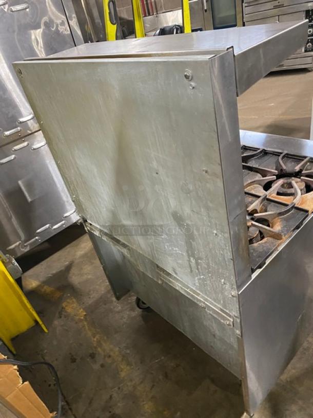 Asber Commercial Stainless Steel Natural Gas Powered 6 Burner Range! With Full Sized Oven Underneath! With Back Splash & Overhead Salamander Shelf! With Oven Rack! On Casters! - Image 4 of 9