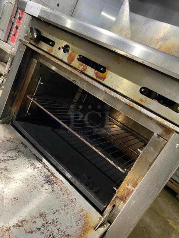 Asber Commercial Stainless Steel Natural Gas Powered 6 Burner Range! With Full Sized Oven Underneath! With Back Splash & Overhead Salamander Shelf! With Oven Rack! On Casters! - Image 7 of 9