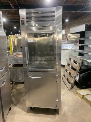 Traulsen Commercial Stainless Steel Glass Half Door Reach In Refrigerator! With Metal Racks! On Casters! 115V 1 Phase! Model: RHT132WUT-HHG SN: T149645J10!