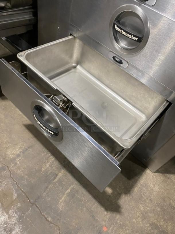 Toastmaster Commercial Stainless Steel Toastmaster Electric Powered 2 Drawer Food Warmer/Hot Food Server Built Into Custom Worktop Base! 230V 1 Phase! Model: 3B80A! With Back & Side Splash! With Additional 3 Drawer Storage! - Image 6 of 10