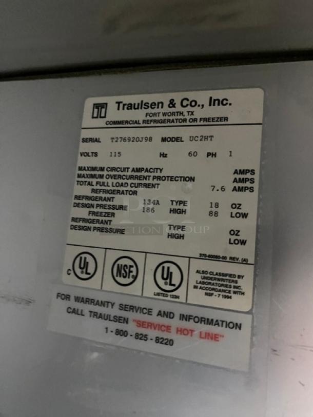 Traulsen Commercial Stainless Steel 2 Door Undercounter Refrigerated Lowboy/Worktop Cooler! With Wire Rack! With Built In Pan Holding Racks! On Legs! 115V 1 Phase! Model: UC2HT SN: T276920J98! - Image 7 of 8