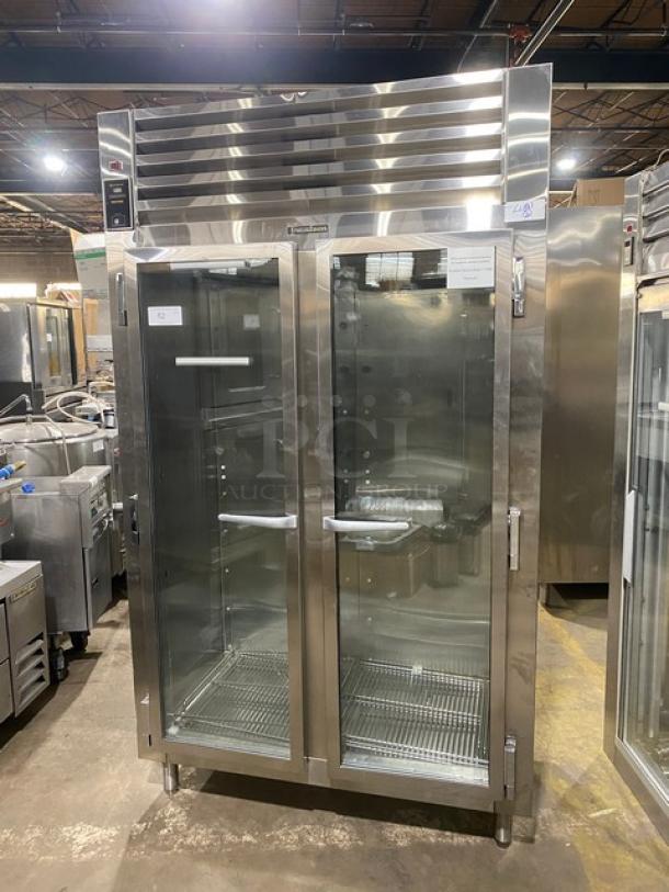 Traulsen Commercial Stainless Steel Double Glass Door Reach In Refrigerator Merchandiser! With Defogger! With Wire Shelves! On Legs! 115V 1 Phase! Model: UR48HT-A SN: T193190K01! - Image 1 of 9