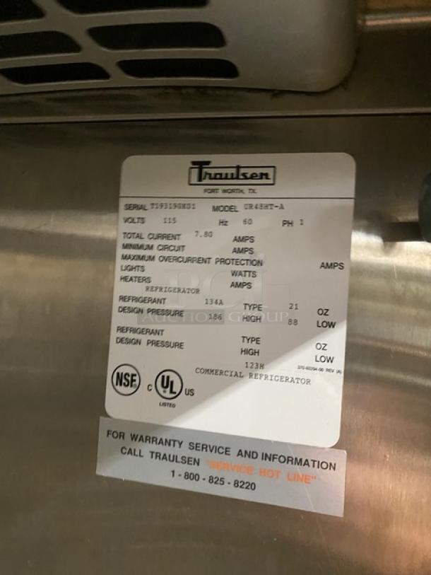 Traulsen Commercial Stainless Steel Double Glass Door Reach In Refrigerator Merchandiser! With Defogger! With Wire Shelves! On Legs! 115V 1 Phase! Model: UR48HT-A SN: T193190K01! - Image 7 of 9
