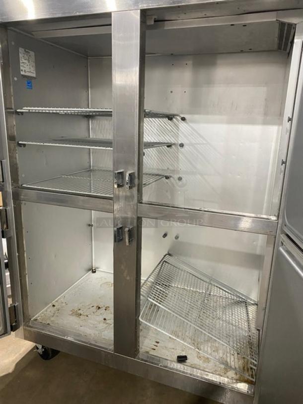 Traulsen Commercial Stainless Steel 2 Section Half Door Reach In Refrigerator! With Left & Right Hinged Doors! With Poly Coated Wire Shelves! On Casters! 115V 1 Phase! Model: G20000 SN: T48193C07! - Image 5 of 9
