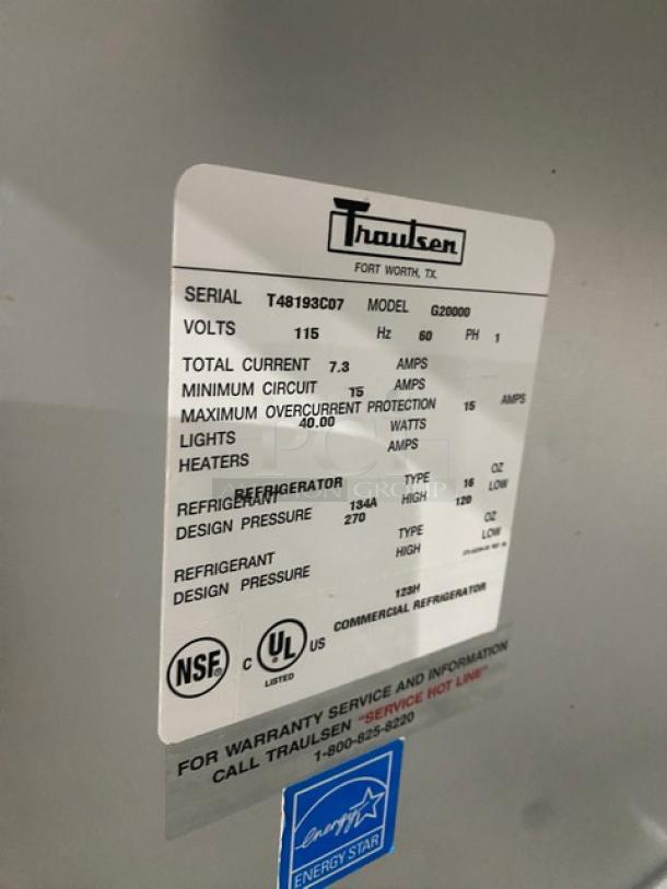 Traulsen Commercial Stainless Steel 2 Section Half Door Reach In Refrigerator! With Left & Right Hinged Doors! With Poly Coated Wire Shelves! On Casters! 115V 1 Phase! Model: G20000 SN: T48193C07! - Image 8 of 9
