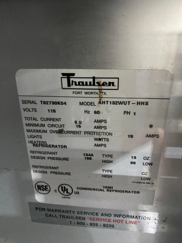Traulsen Commercial Stainless Steel Half Door One Section Reach In Refrigerator! With Built In Pan Holding Racks! On Legs! 115V 1 Phase! Model: AHT132WUT-HHS SN: T82730K04! - Image 6 of 9