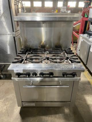 Connerton Commercial Stainless Steel Natural Gas Powered 6 Burner Range! With Full Size Oven Underneath! With Back Splash & Overhead Salamander Shelf! With Pan Rail! On Casters! Model: CN36-6 SN: 700322J21!