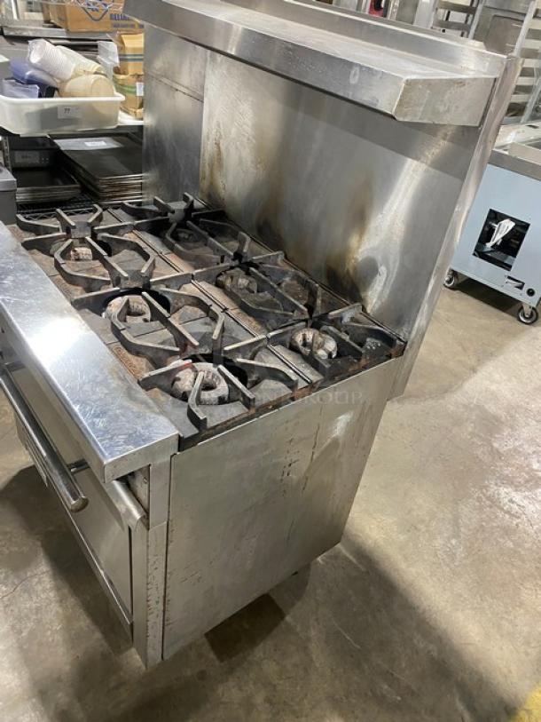 Connerton Commercial Stainless Steel Natural Gas Powered 6 Burner Range! With Full Size Oven Underneath! With Back Splash & Overhead Salamander Shelf! With Pan Rail! On Casters! Model: CN36-6 SN: 700322J21! - Image 2 of 10