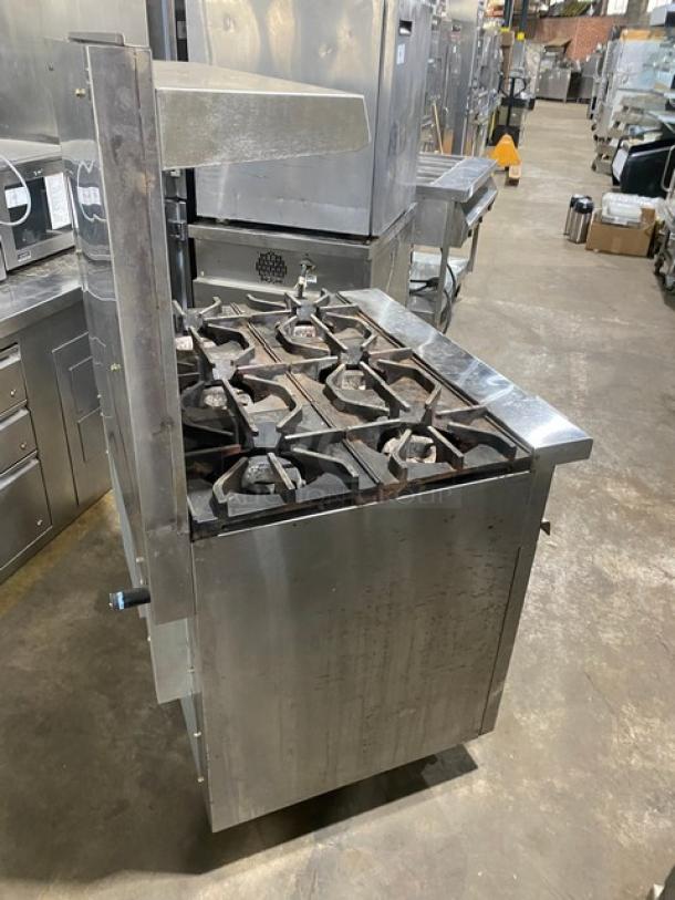 Connerton Commercial Stainless Steel Natural Gas Powered 6 Burner Range! With Full Size Oven Underneath! With Back Splash & Overhead Salamander Shelf! With Pan Rail! On Casters! Model: CN36-6 SN: 700322J21! - Image 4 of 10