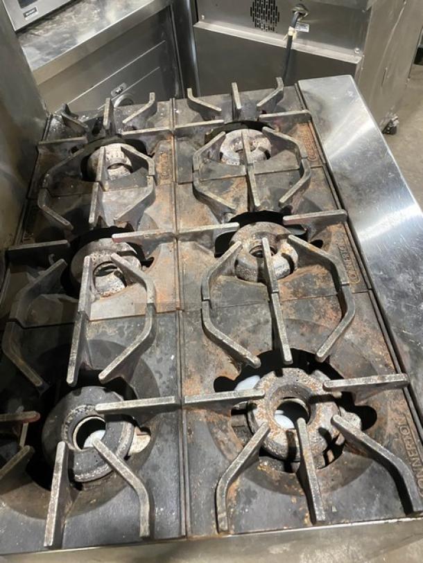 Connerton Commercial Stainless Steel Natural Gas Powered 6 Burner Range! With Full Size Oven Underneath! With Back Splash & Overhead Salamander Shelf! With Pan Rail! On Casters! Model: CN36-6 SN: 700322J21! - Image 5 of 10