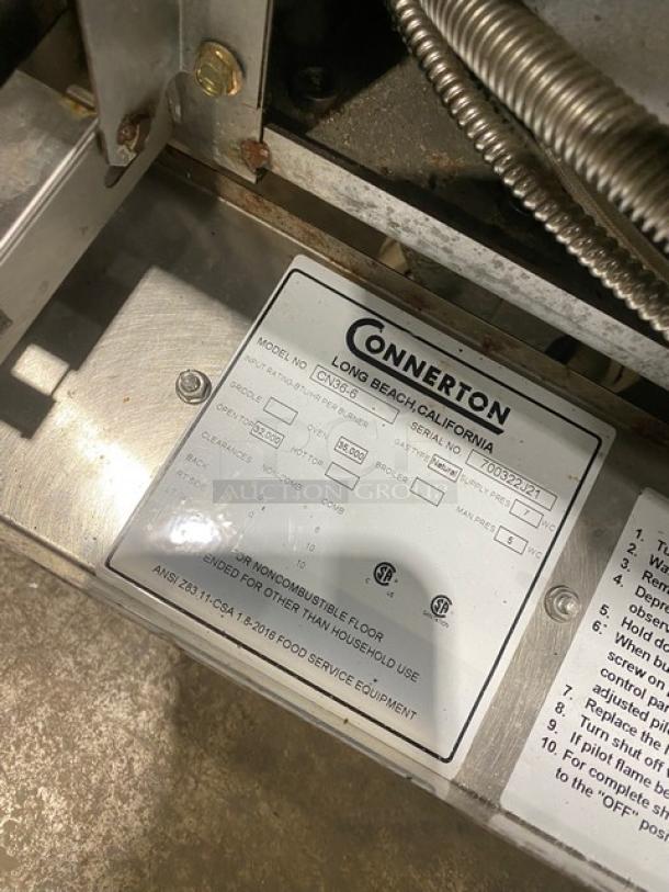 Connerton Commercial Stainless Steel Natural Gas Powered 6 Burner Range! With Full Size Oven Underneath! With Back Splash & Overhead Salamander Shelf! With Pan Rail! On Casters! Model: CN36-6 SN: 700322J21! - Image 9 of 10