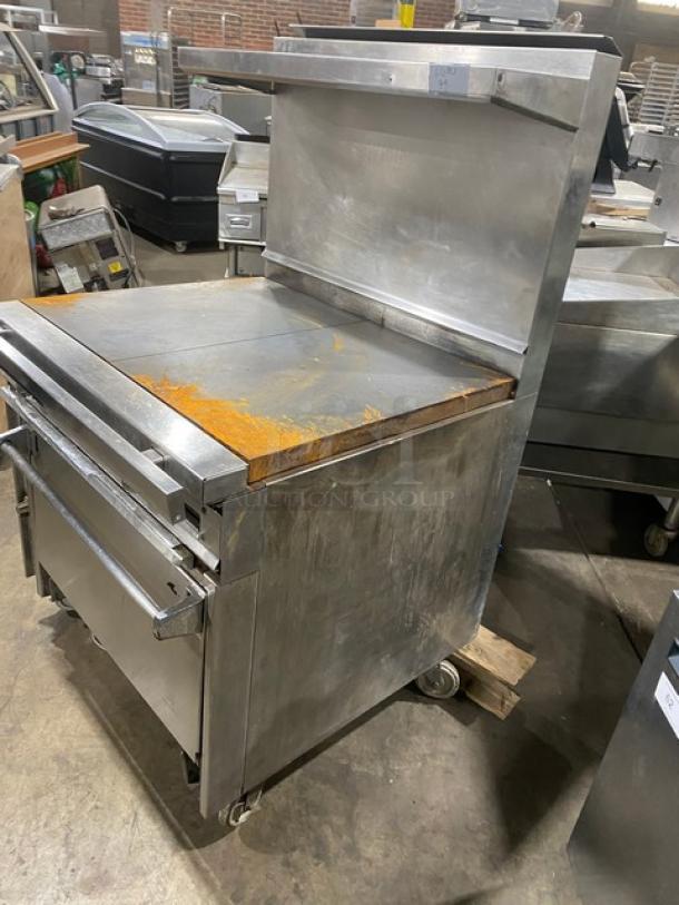 Commercial Stainless Steel Natural Gas Powered 2 Burner French Top Range! With Full Size Oven Underneath! With Back Splash & Overhead Salamander Shelf! With Pan Rail! With Wire Oven Racks! On Casters! - Image 2 of 8